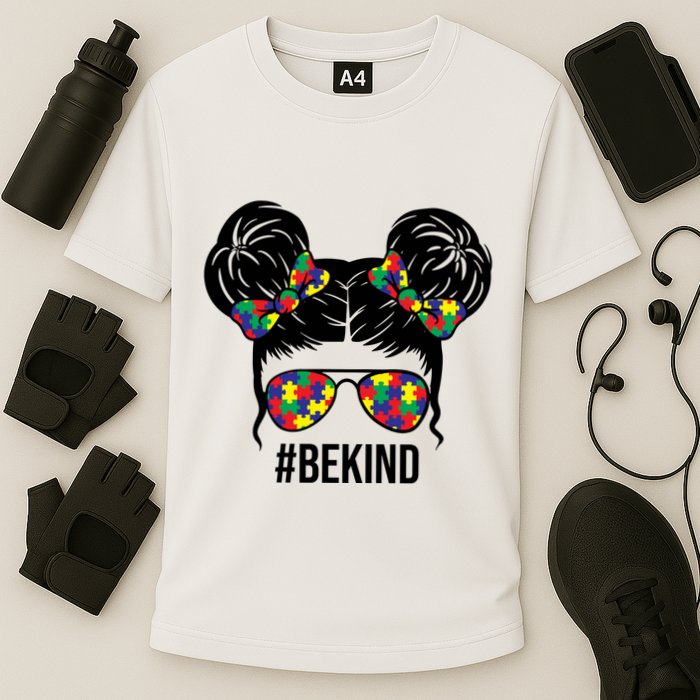 Be Kind Messy Bun Autism Awareness Cooling Performance Crew T-Shirt