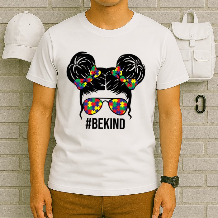 Be Kind Messy Bun Autism Awareness T-Shirt