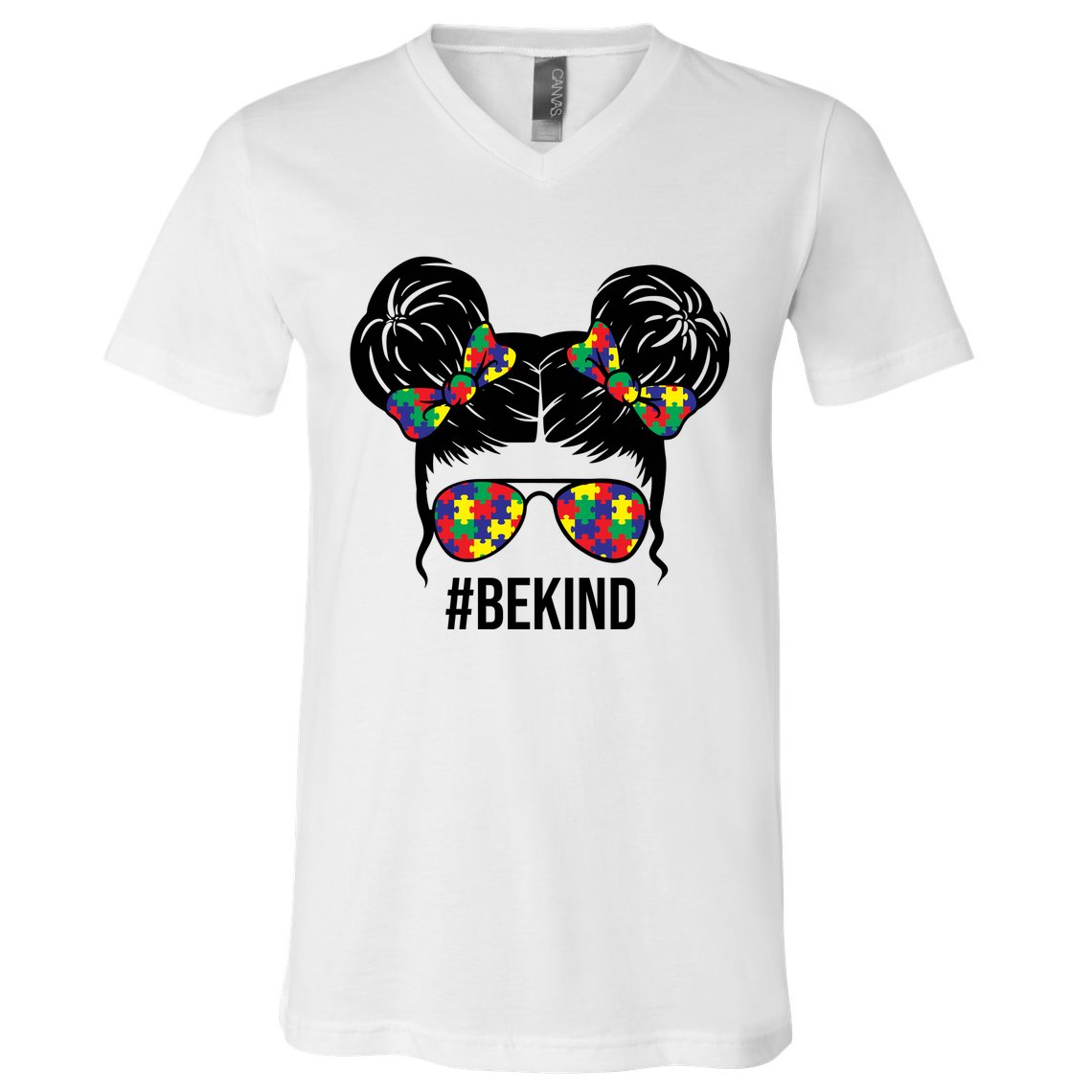 Be Kind Messy Bun Autism Awareness V-Neck T-Shirt