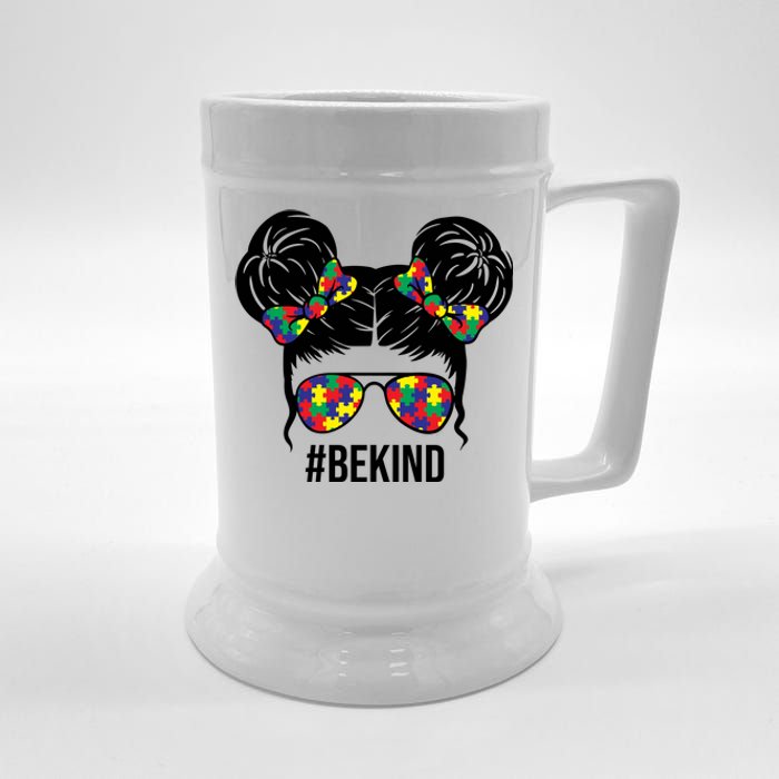 Be Kind Messy Bun Autism Awareness Beer Stein