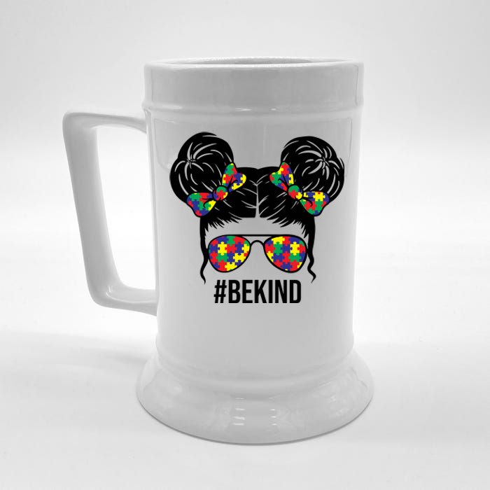 Be Kind Messy Bun Autism Awareness Beer Stein