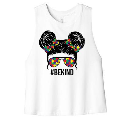 Be Kind Messy Bun Autism Awareness Women's Racerback Cropped Tank