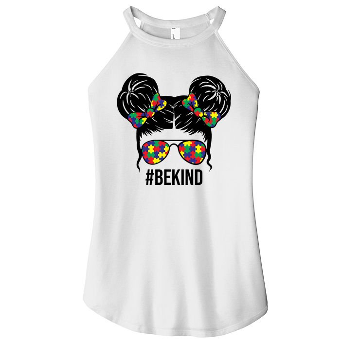 Be Kind Messy Bun Autism Awareness Women's Perfect Tri Rocker Tank