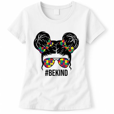 Be Kind Messy Bun Autism Awareness Womens T-Shirt