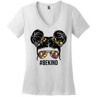 Be Kind Messy Bun Autism Awareness Women's V-Neck T-Shirt