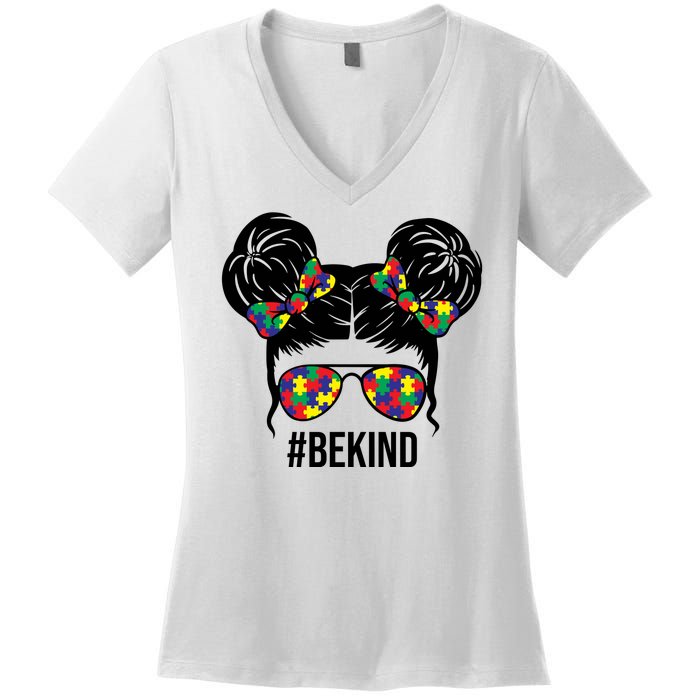 Be Kind Messy Bun Autism Awareness Women's V-Neck T-Shirt