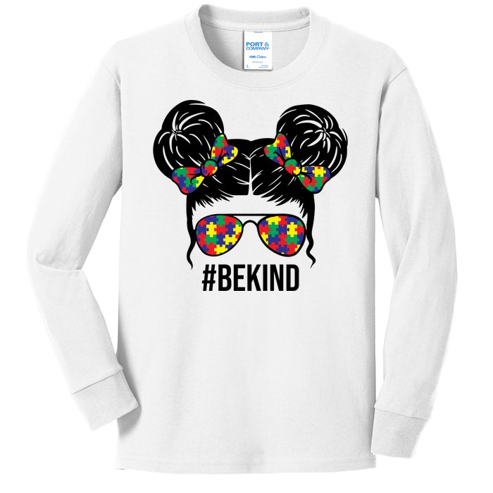 Be Kind Messy Bun Autism Awareness Kids Long Sleeve Shirt