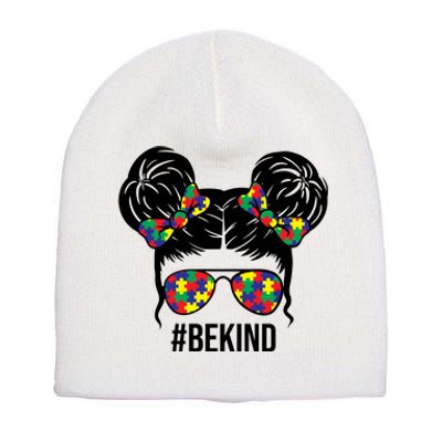 Be Kind Messy Bun Autism Awareness Short Acrylic Beanie