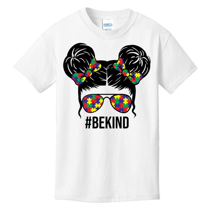 Be Kind Messy Bun Autism Awareness Kids T-Shirt