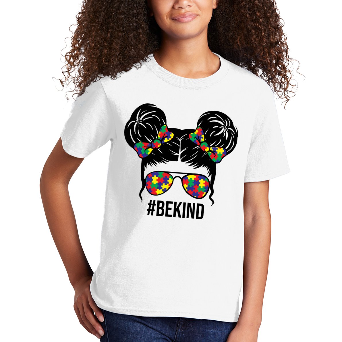 Be Kind Messy Bun Autism Awareness Kids T-Shirt