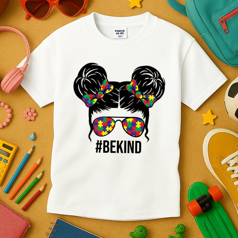 Be Kind Messy Bun Autism Awareness Kids T-Shirt