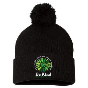 Be Kind Mental Health Awareness Sunflower Green Ribbon Pom Pom 12in Knit Beanie