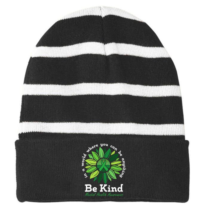 Be Kind Mental Health Awareness Sunflower Green Ribbon Striped Beanie with Solid Band