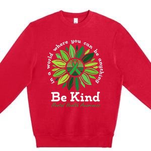 Be Kind Mental Health Awareness Sunflower Green Ribbon Premium Crewneck Sweatshirt