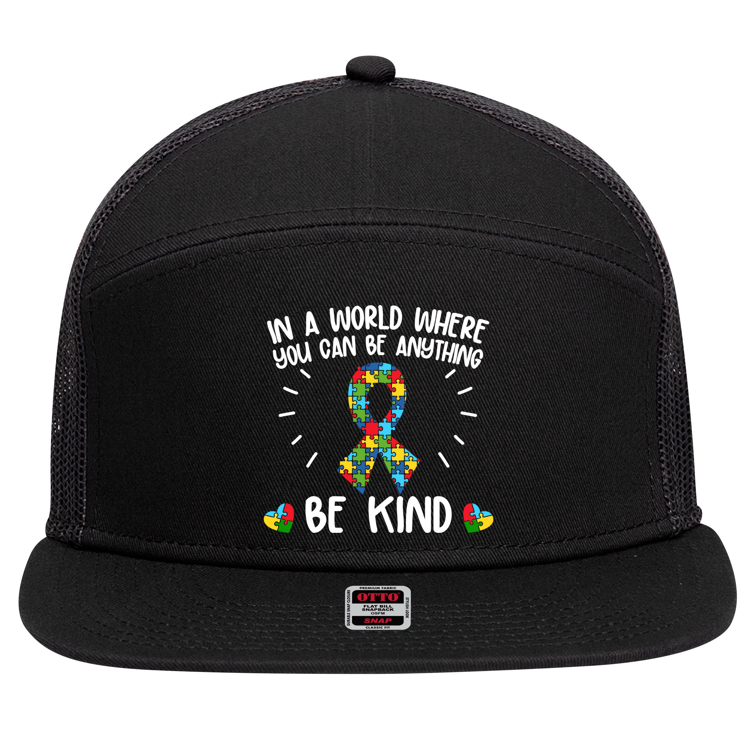 Be Kind Motivational Autism Awareness Slogan Autism Puzzle Message 7 Panel Mesh Trucker Snapback Hat