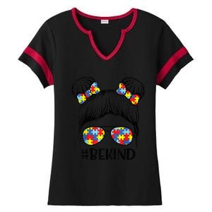 Be Kind Messy Bun girl kid Autism Awareness Kindness Month Ladies Halftime Notch Neck Tee