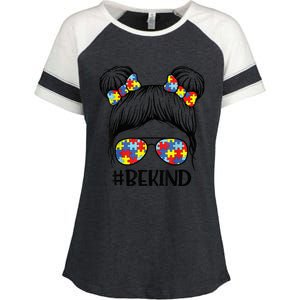 Be Kind Messy Bun girl kid Autism Awareness Kindness Month Enza Ladies Jersey Colorblock Tee