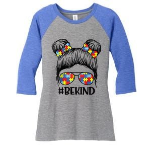 Be Kind Messy Bun girl kid Autism Awareness Kindness Month Women's Tri-Blend 3/4-Sleeve Raglan Shirt