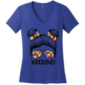 Be Kind Messy Bun girl kid Autism Awareness Kindness Month Women's V-Neck T-Shirt