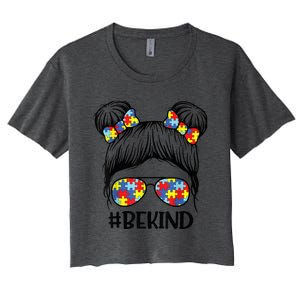 Be Kind Messy Bun girl kid Autism Awareness Kindness Month Women's Crop Top Tee