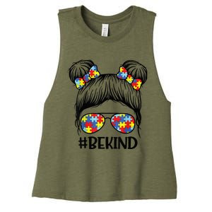 Be Kind Messy Bun girl kid Autism Awareness Kindness Month Women's Racerback Cropped Tank