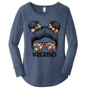 Be Kind Messy Bun girl kid Autism Awareness Kindness Month Women's Perfect Tri Tunic Long Sleeve Shirt