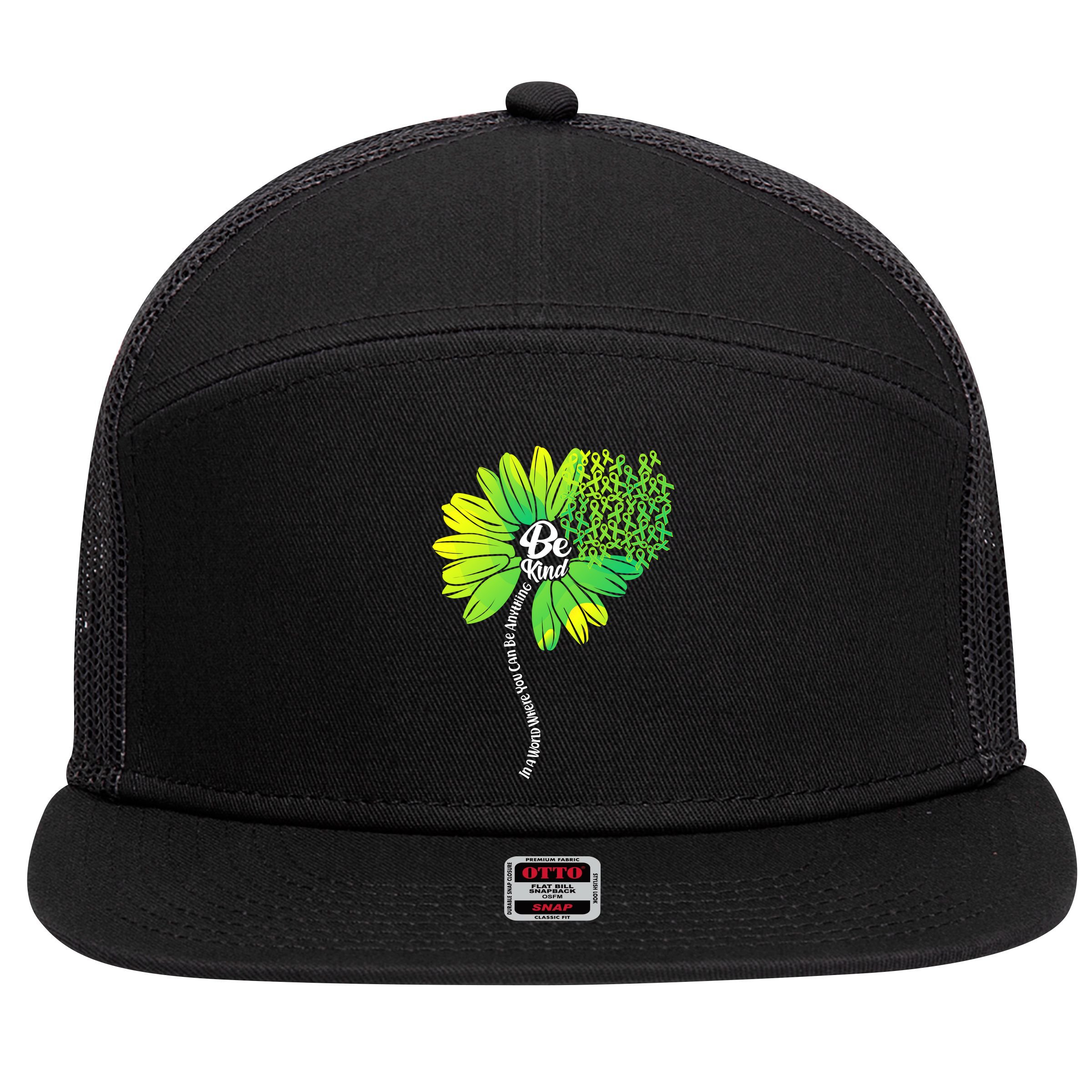 Be Kind Mental Health Awareness Flower 7 Panel Mesh Trucker Snapback Hat