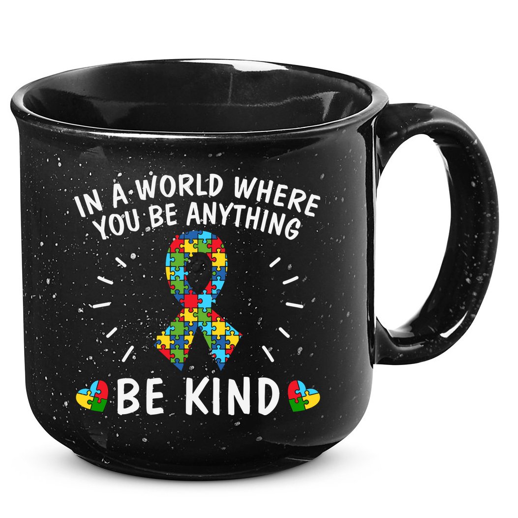 Be Kind Motivational Autism Awareness Slogan Autism Puzzle Message 15oz Campfire Ceramic Mug