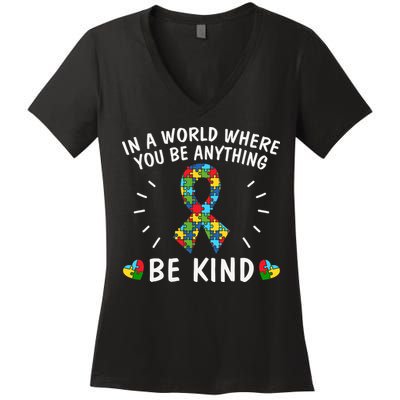 Be Kind Motivational Autism Awareness Slogan Autism Puzzle Message Women's V-Neck T-Shirt