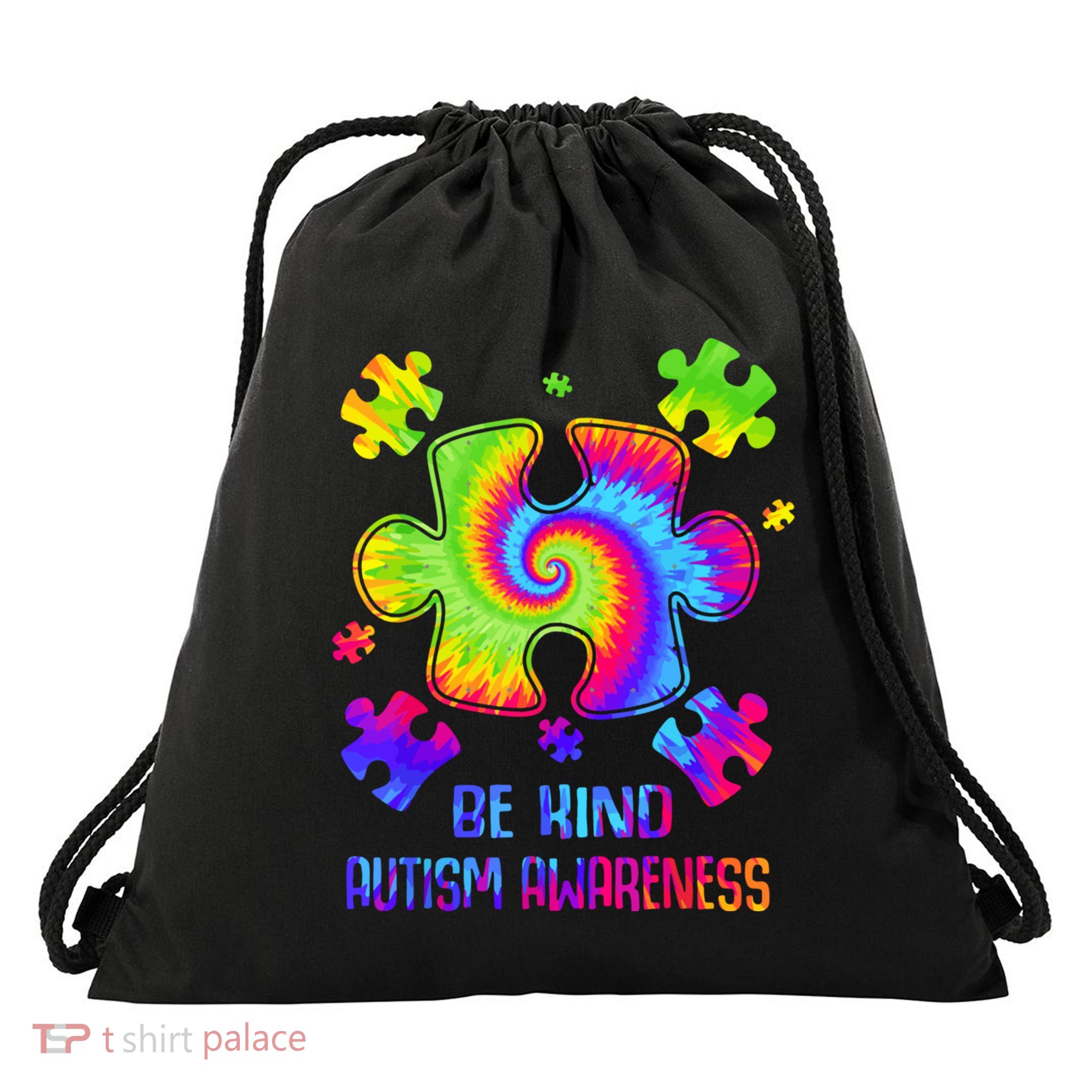 Be Kind Puzzle Pieces Tie Dye Autism Awareness Gift Drawstring Bag