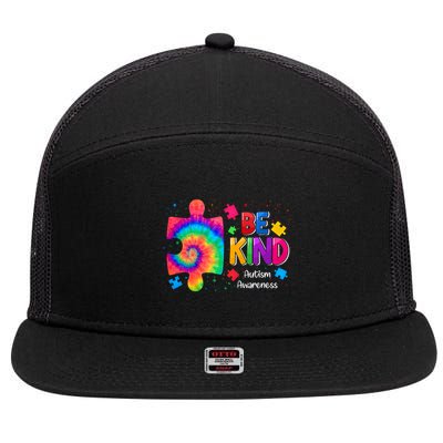 Be Kind Puzzle Pieces Tie Dye Cute Autism Awareness 7 Panel Mesh Trucker Snapback Hat