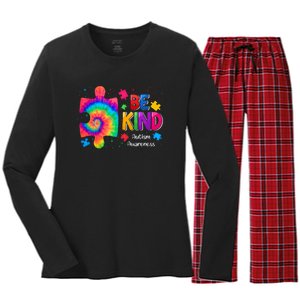 Be Kind Puzzle Pieces Tie Dye Cute Autism Awareness Women's Long Sleeve Flannel Pajama Set 