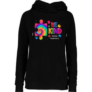 Be Kind Puzzle Pieces Tie Dye Cute Autism Awareness Womens Funnel Neck Pullover Hood