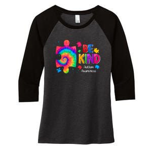 Be Kind Puzzle Pieces Tie Dye Cute Autism Awareness Women's Tri-Blend 3/4-Sleeve Raglan Shirt