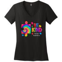 Be Kind Puzzle Pieces Tie Dye Cute Autism Awareness Women's V-Neck T-Shirt