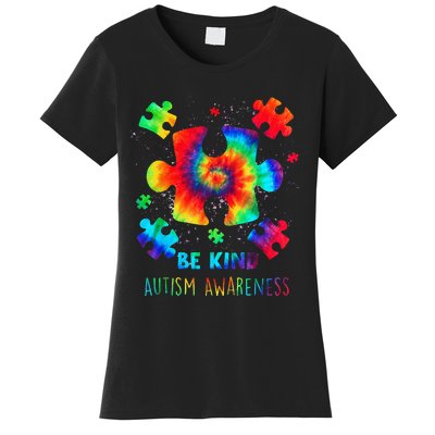 Be Kind Puzzle Pieces Tie Dye Autism Awareness Women's T-Shirt