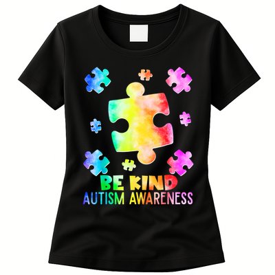  Be Kind Puzzle Pieces Tie Dye Autism Awareness Womens T-Shirt