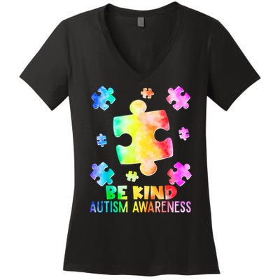  Be Kind Puzzle Pieces Tie Dye Autism Awareness Women's V-Neck T-Shirt