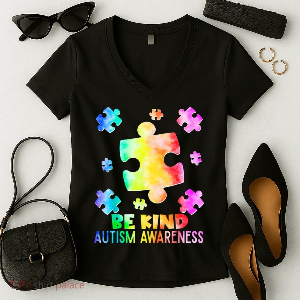  Be Kind Puzzle Pieces Tie Dye Autism Awareness Women's V-Neck T-Shirt