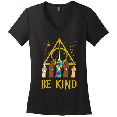 Be Kind Puzzle Ribbon Harry Autism Awareness Wizard Women's V-Neck T-Shirt