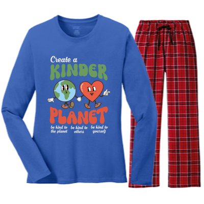 Be Kind Planet Save Earth Day Retro Groovy Environt Gift Women's Long Sleeve Flannel Pajama Set 