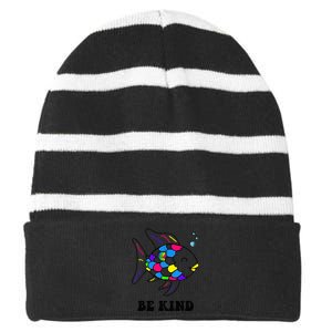 Be Kind Rainbow Fish Teacher Life Teaching Back To School Striped Beanie with Solid Band