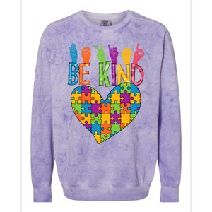 Be Kind Sign Language Heart Puzzle Piece Teachers Asl Autism Meaningful Gift Colorblast Crewneck Sweatshirt