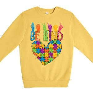 Be Kind Sign Language Heart Puzzle Piece Teachers Asl Autism Meaningful Gift Premium Crewneck Sweatshirt