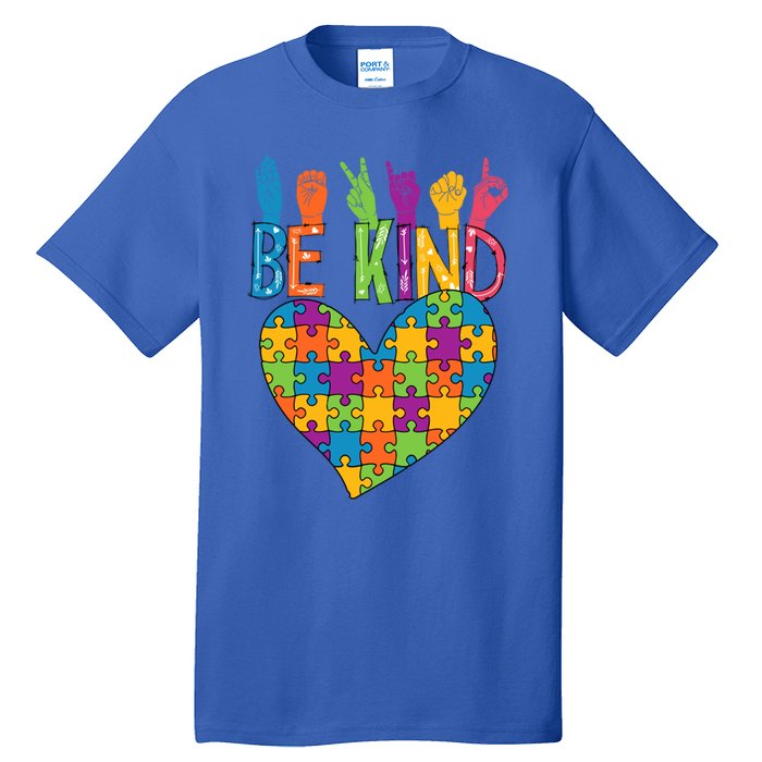 Be Kind Sign Language Heart Puzzle Piece Teachers Asl Autism Meaningful Gift Tall T-Shirt