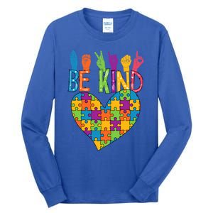 Be Kind Sign Language Heart Puzzle Piece Teachers Asl Autism Meaningful Gift Tall Long Sleeve T-Shirt