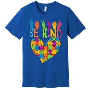 Be Kind Sign Language Heart Puzzle Piece Teachers Asl Autism Meaningful Gift Premium T-Shirt