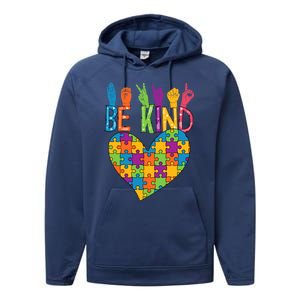 Be Kind Sign Language Heart Puzzle Piece Teachers Asl Autism Meaningful Gift Performance Fleece Hoodie