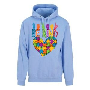 Be Kind Sign Language Heart Puzzle Piece Teachers Asl Autism Meaningful Gift Unisex Surf Hoodie