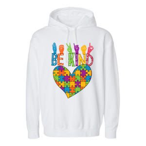 Be Kind Sign Language Heart Puzzle Piece Teachers Asl Autism Meaningful Gift Garment-Dyed Fleece Hoodie